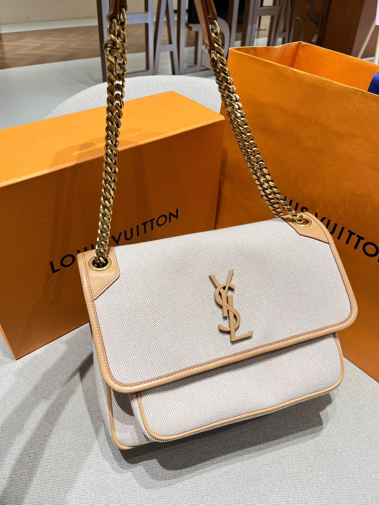 Pre-owned Certified Saint Laurent YSL Medium Niki Bag in Beige Canvas and Brown Leather with Golden Hardware
