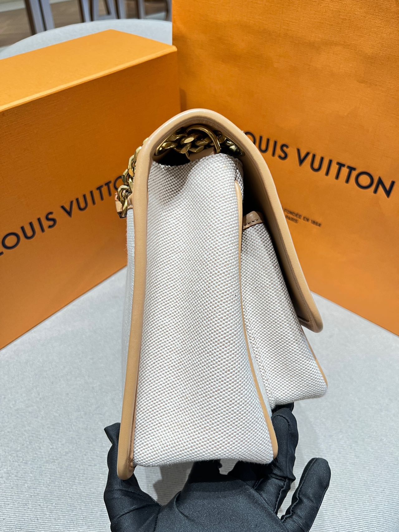 Pre-owned Certified Saint Laurent YSL Medium Niki Bag in Beige Canvas and Brown Leather with Golden Hardware