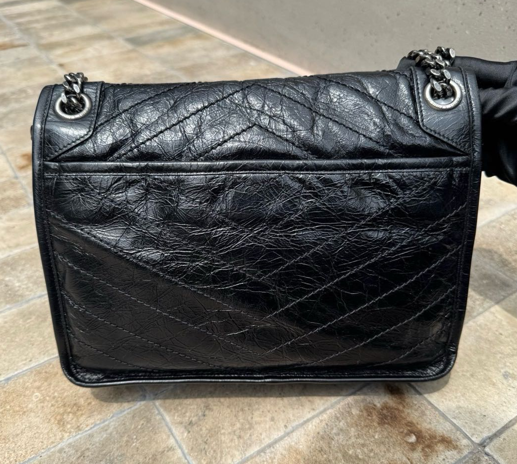 Pre-owned Certified Saint Laurent YSL Medium Niki Bag in Black Vintage Calfskin with Silver Hardware, 2019, w/ dust bag