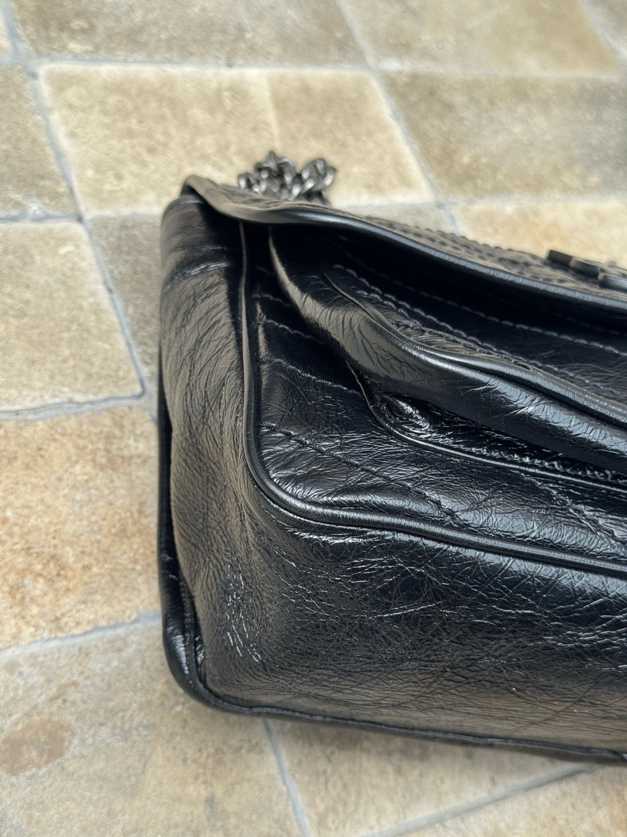Pre-owned Certified Saint Laurent YSL Medium Niki Bag in Black Vintage Calfskin with Silver Hardware, 2019, w/ dust bag