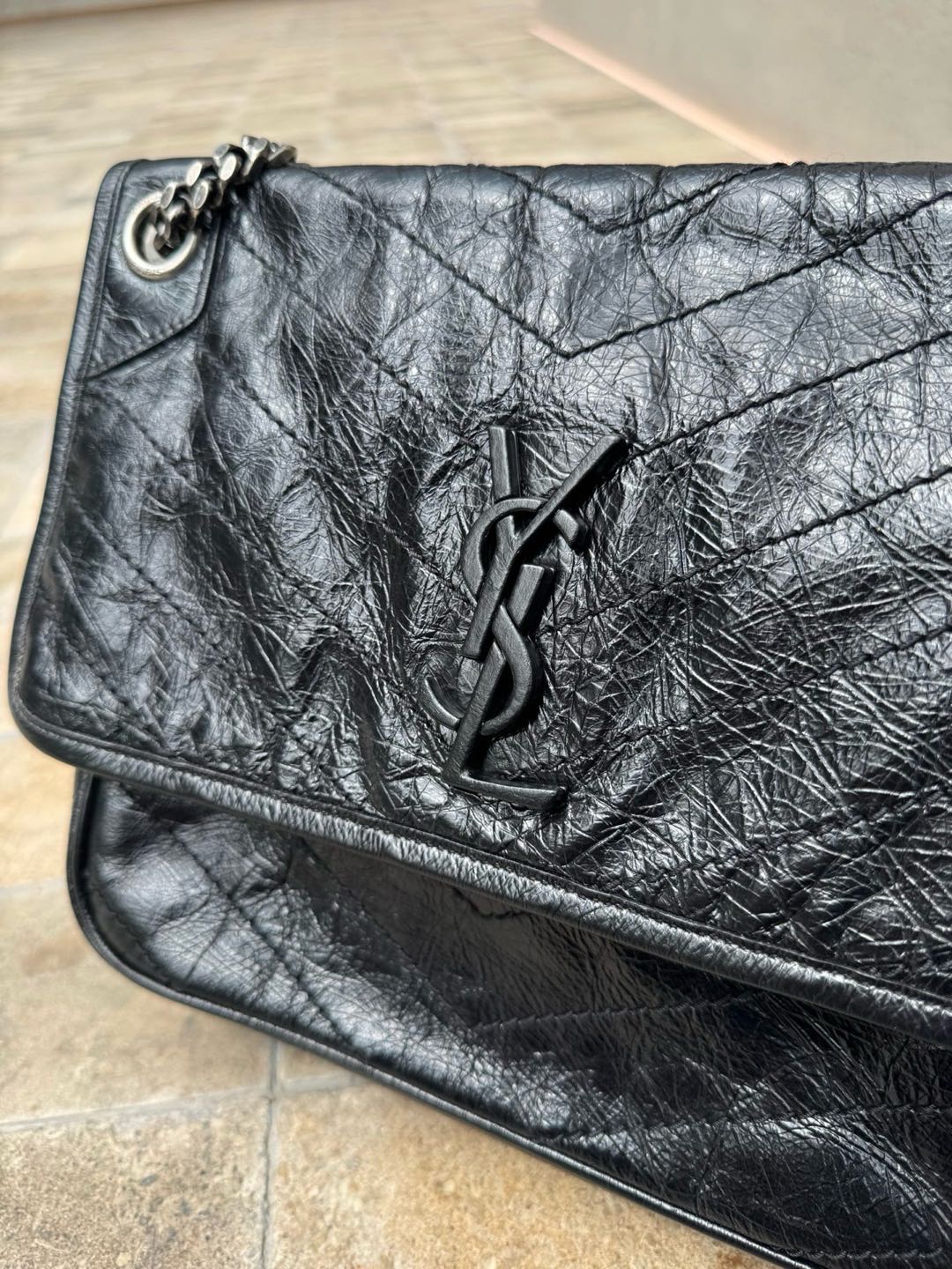 Pre-owned Certified Saint Laurent YSL Medium Niki Bag in Black Vintage Calfskin with Silver Hardware, 2019, w/ dust bag