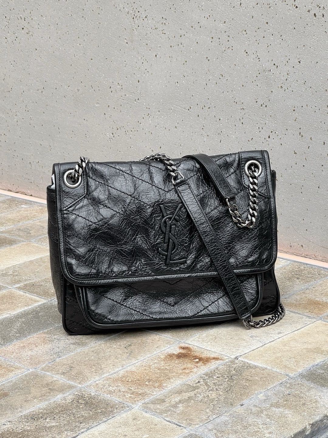 Pre-owned Certified Saint Laurent YSL Medium Niki Bag in Black Vintage Calfskin with Silver Hardware, 2019, w/ dust bag