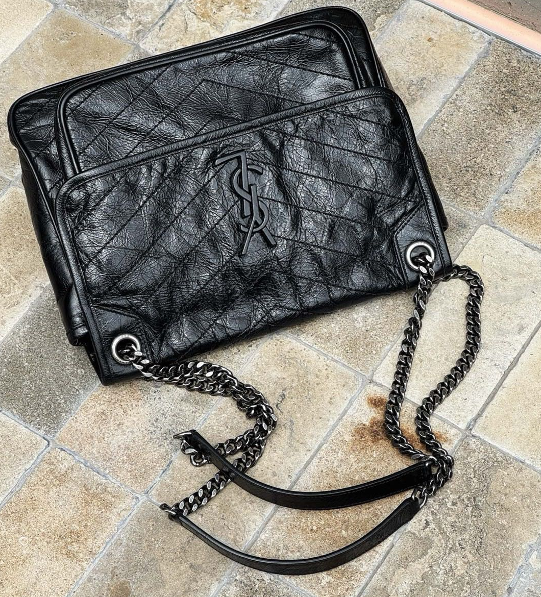 Pre-owned Certified Saint Laurent YSL Medium Niki Bag in Black Vintage Calfskin with Silver Hardware, 2019, w/ dust bag