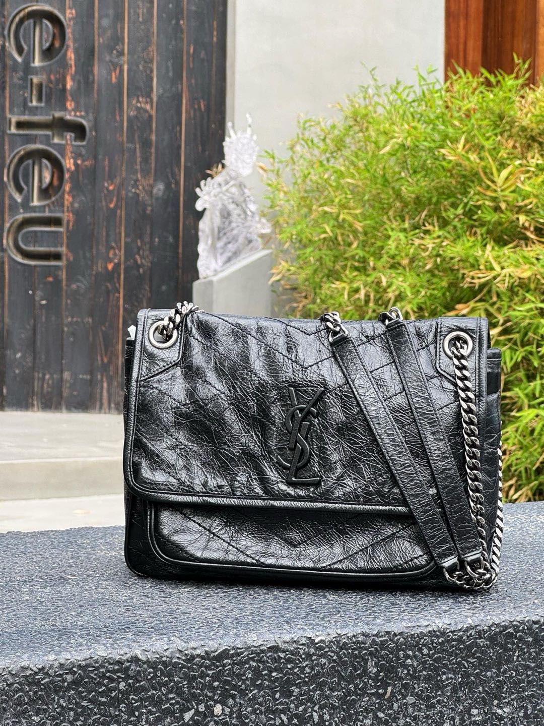 Pre-owned Certified Saint Laurent YSL Medium Niki Bag in Black Vintage Calfskin with Silver Hardware, 2019, w/ dust bag