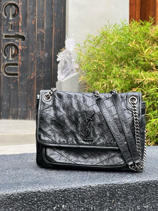 Pre-owned Certified Saint Laurent YSL Medium Niki Bag in Black Vintage Calfskin with Silver Hardware, 2019, w/ dust bag