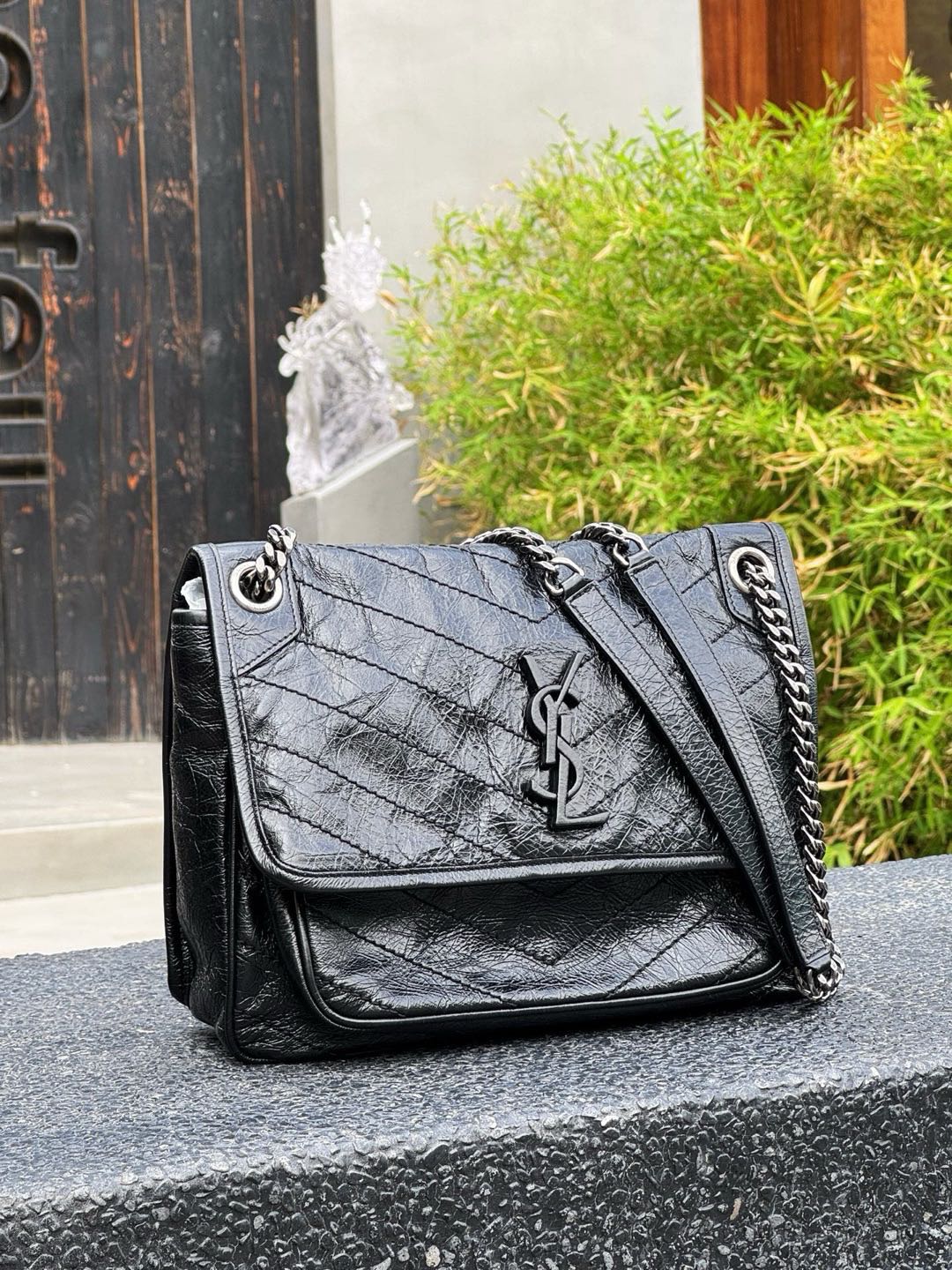 Pre-owned Certified Saint Laurent YSL Medium Niki Bag in Black Vintage Calfskin with Silver Hardware, 2019, w/ dust bag