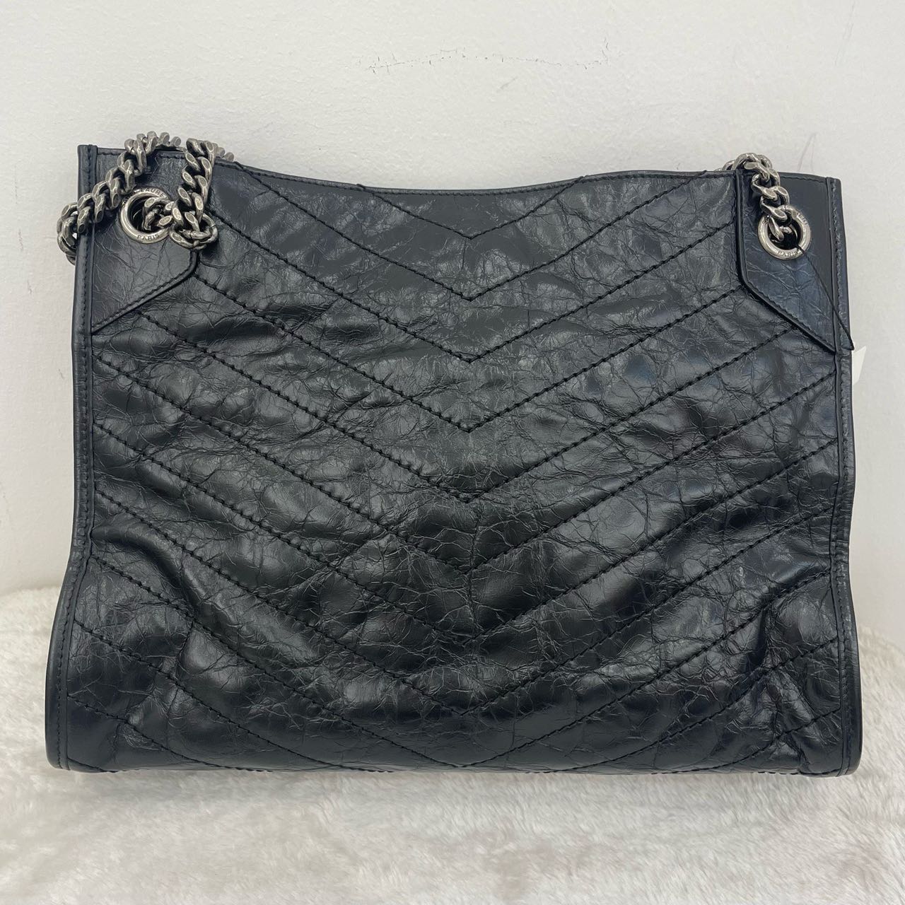 Pre-owned Certified Saint Laurent YSL Niki Shopping Bag Black Vintage Calfskin with Silver Hardware, 2024, w/ dust bag