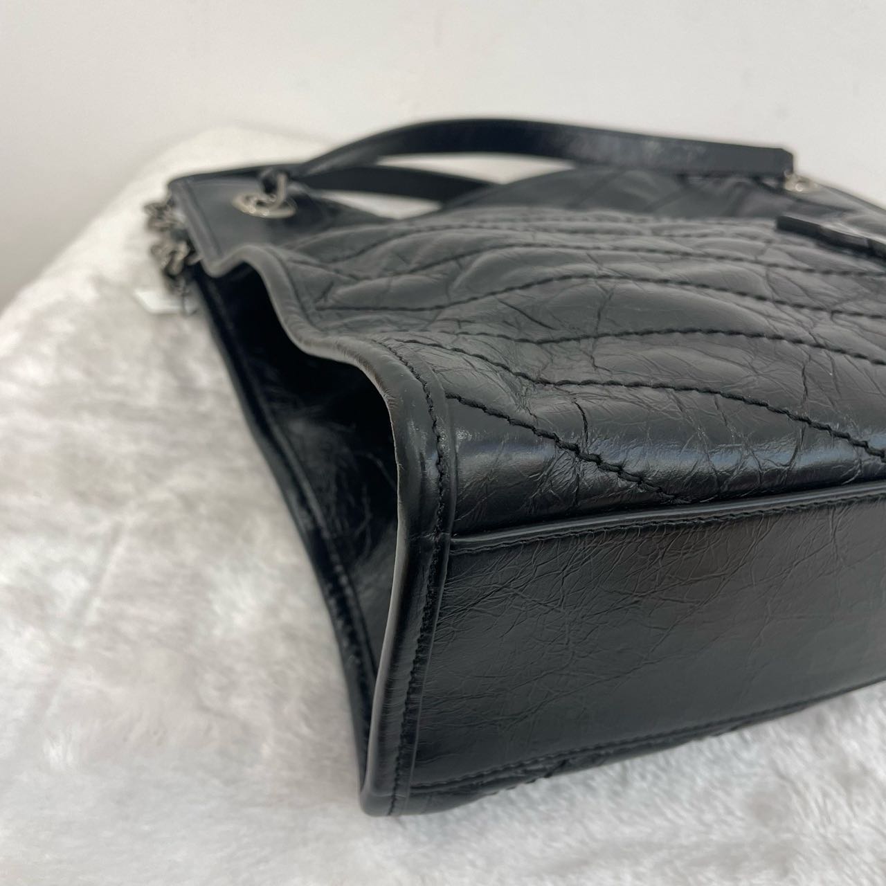 Pre-owned Certified Saint Laurent YSL Niki Shopping Bag Black Vintage Calfskin with Silver Hardware, 2024, w/ dust bag