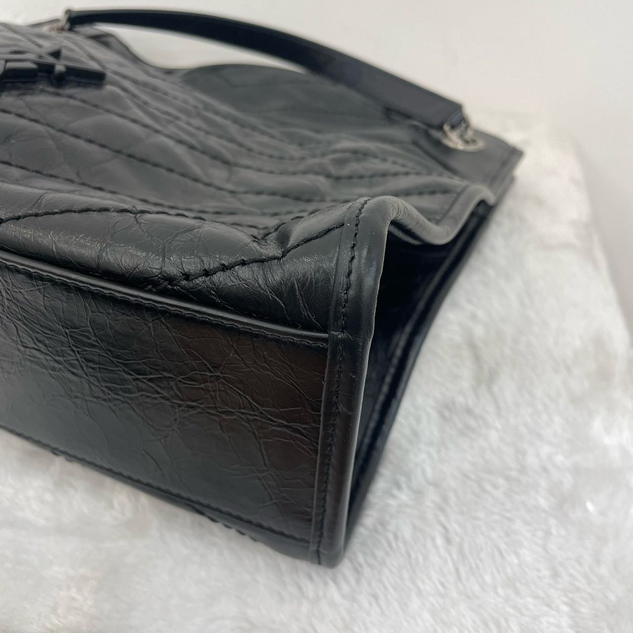 Pre-owned Certified Saint Laurent YSL Niki Shopping Bag Black Vintage Calfskin with Silver Hardware, 2024, w/ dust bag