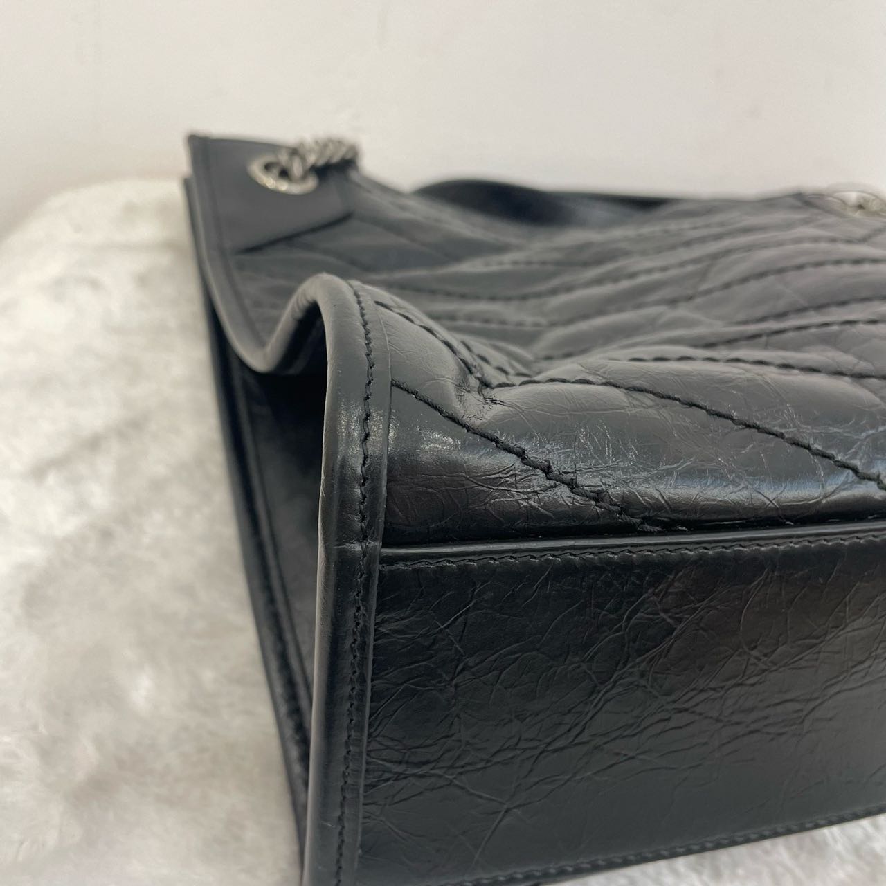 Pre-owned Certified Saint Laurent YSL Niki Shopping Bag Black Vintage Calfskin with Silver Hardware, 2024, w/ dust bag