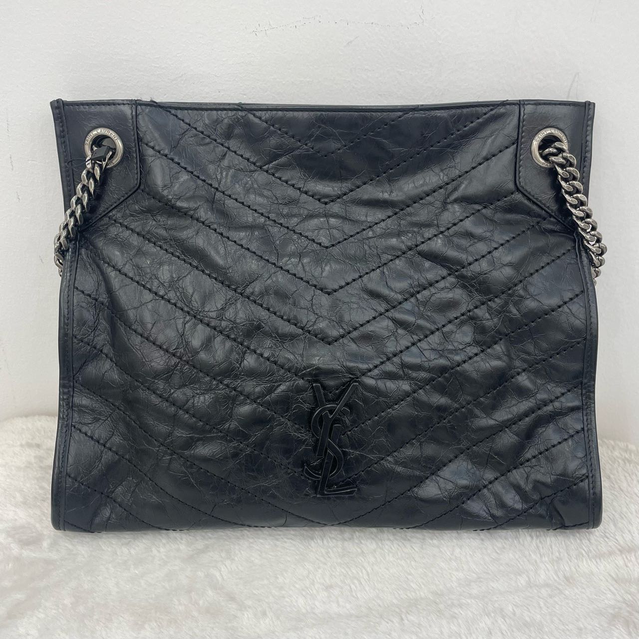 Pre-owned Certified Saint Laurent YSL Niki Shopping Bag Black Vintage Calfskin with Silver Hardware, 2024, w/ dust bag