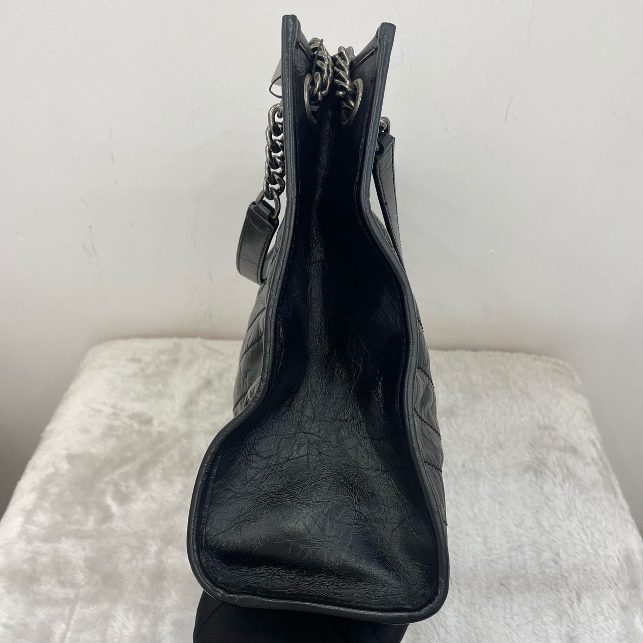 Pre-owned Certified Saint Laurent YSL Niki Shopping Bag Black Vintage Calfskin with Silver Hardware, 2024, w/ dust bag