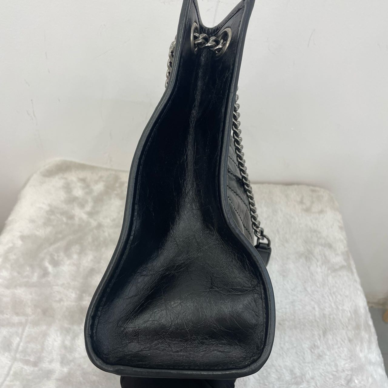 Pre-owned Certified Saint Laurent YSL Niki Shopping Bag Black Vintage Calfskin with Silver Hardware, 2024, w/ dust bag
