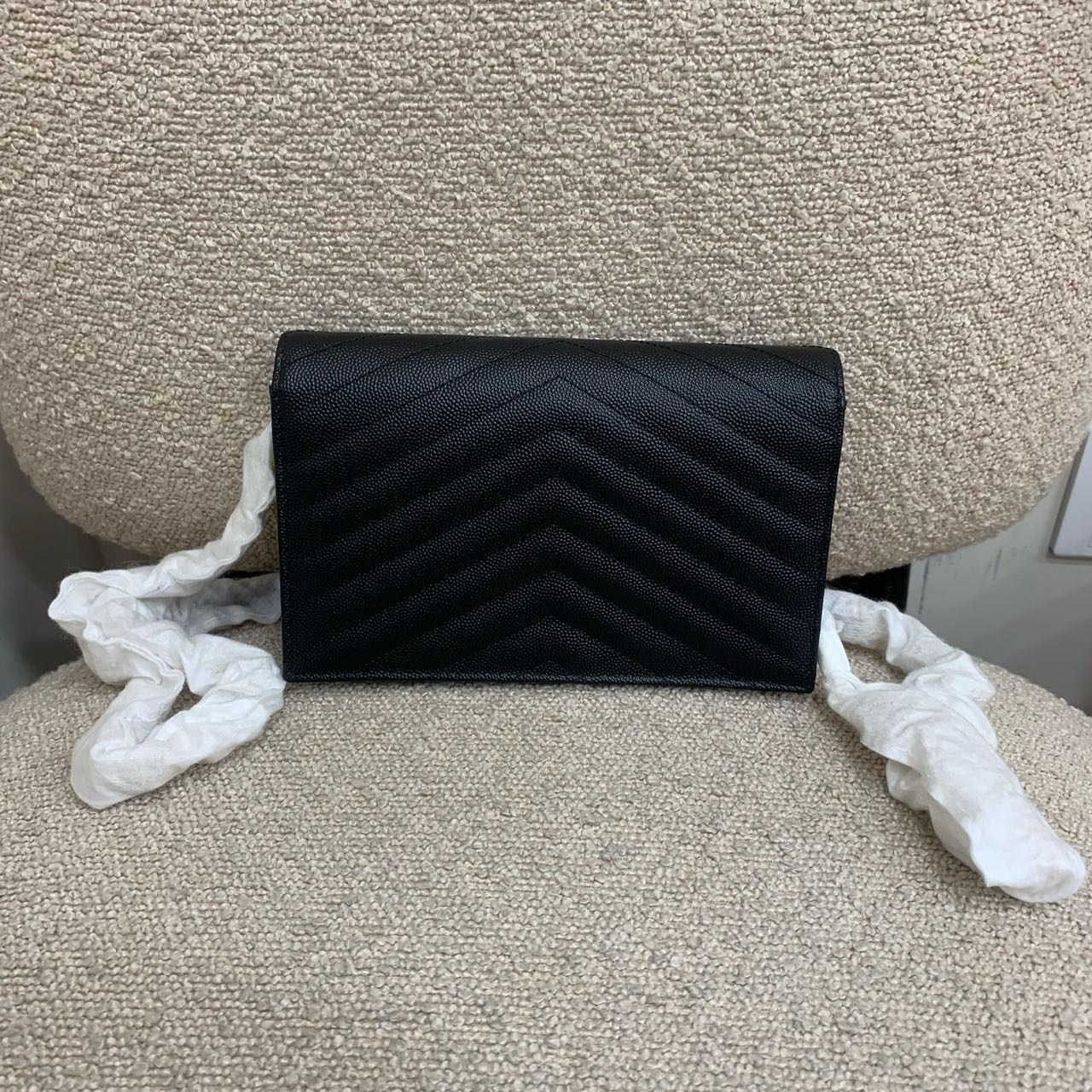 Pre-owned Certified YSL Saint Laurent Cassandre Envelope Chain Wallet in Black Caviar Leather with Golden Hardware, 2025, w/ full set