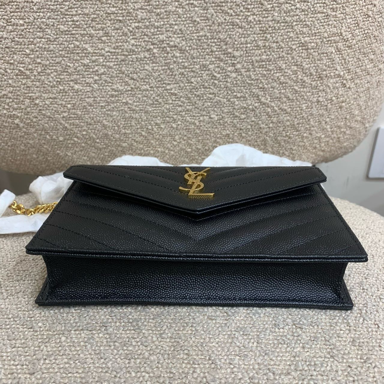 Pre-owned Certified YSL Saint Laurent Cassandre Envelope Chain Wallet in Black Caviar Leather with Golden Hardware, 2025, w/ full set