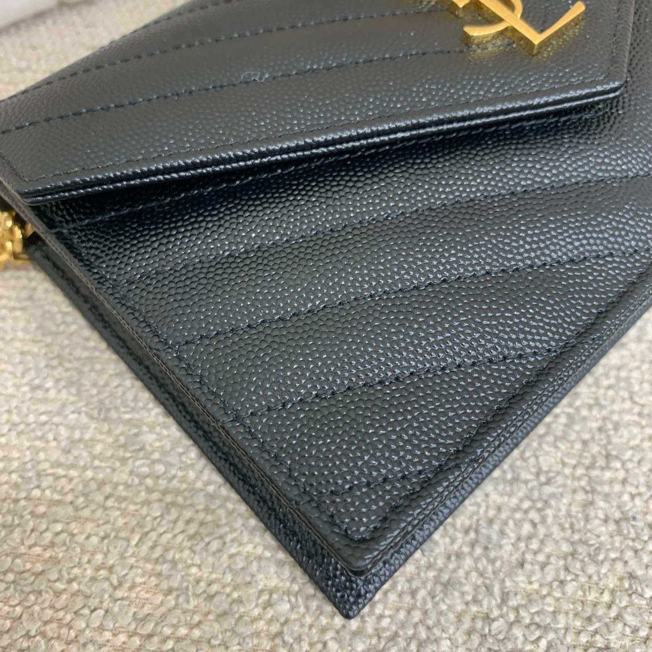 Pre-owned Certified YSL Saint Laurent Cassandre Envelope Chain Wallet in Black Caviar Leather with Golden Hardware, 2025, w/ full set