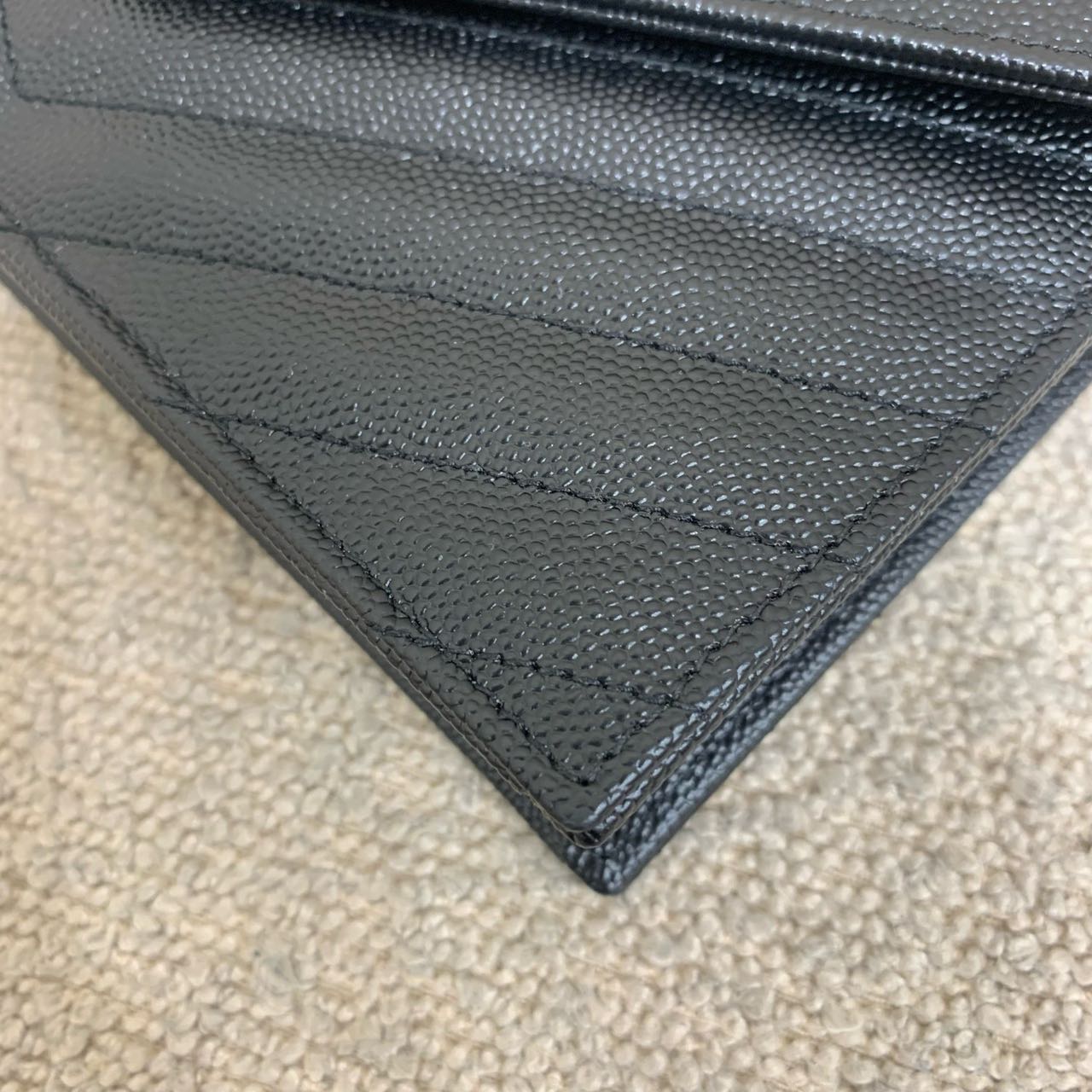 Pre-owned Certified YSL Saint Laurent Cassandre Envelope Chain Wallet in Black Caviar Leather with Golden Hardware, 2025, w/ full set