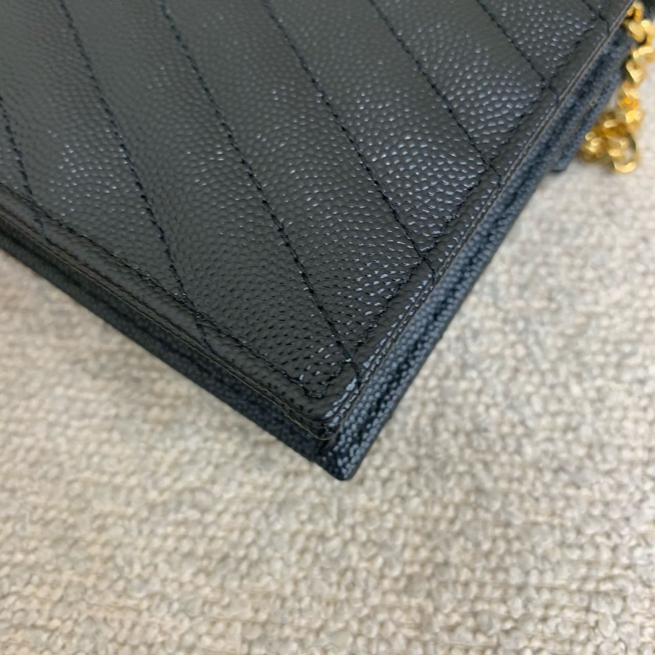 Pre-owned Certified YSL Saint Laurent Cassandre Envelope Chain Wallet in Black Caviar Leather with Golden Hardware, 2025, w/ full set