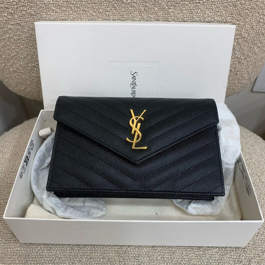 Pre-owned Certified YSL Saint Laurent Cassandre Envelope Chain Wallet in Black Caviar Leather with Golden Hardware, 2025, w/ full set