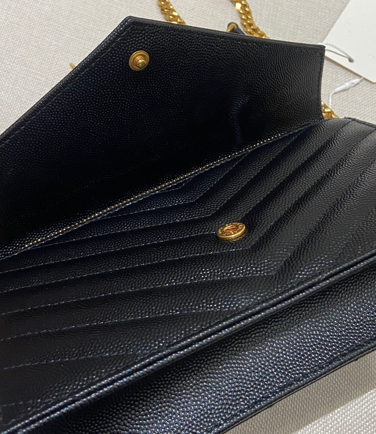 Pre-owned Certified YSL Saint Laurent Cassandre Envelope Chain Wallet in Black Caviar Leather with Golden Hardware, w/ dust bag