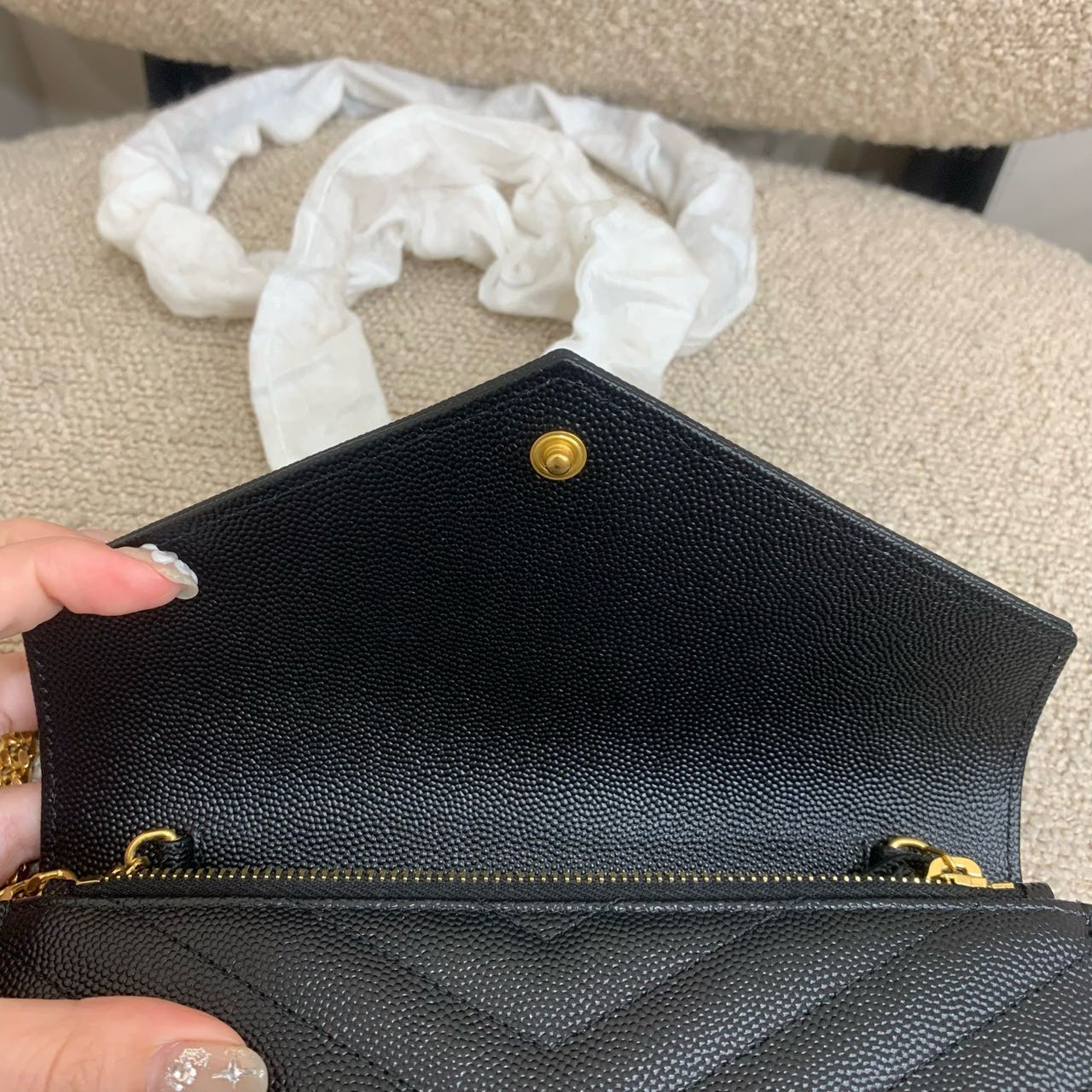 Pre-owned Certified YSL Saint Laurent Cassandre Envelope Chain Wallet in Black Caviar Leather with Golden Hardware, 2025, w/ full set