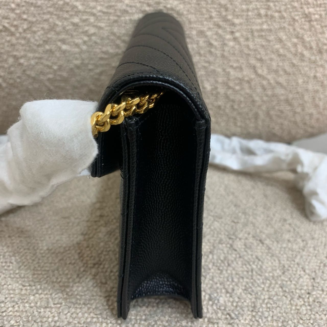 Pre-owned Certified YSL Saint Laurent Cassandre Envelope Chain Wallet in Black Caviar Leather with Golden Hardware, 2025, w/ full set