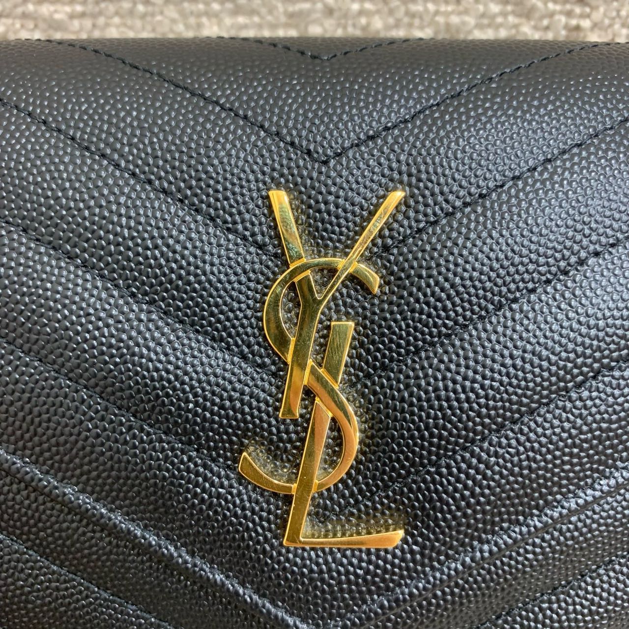 Pre-owned Certified YSL Saint Laurent Cassandre Envelope Chain Wallet in Black Caviar Leather with Golden Hardware, 2025, w/ full set