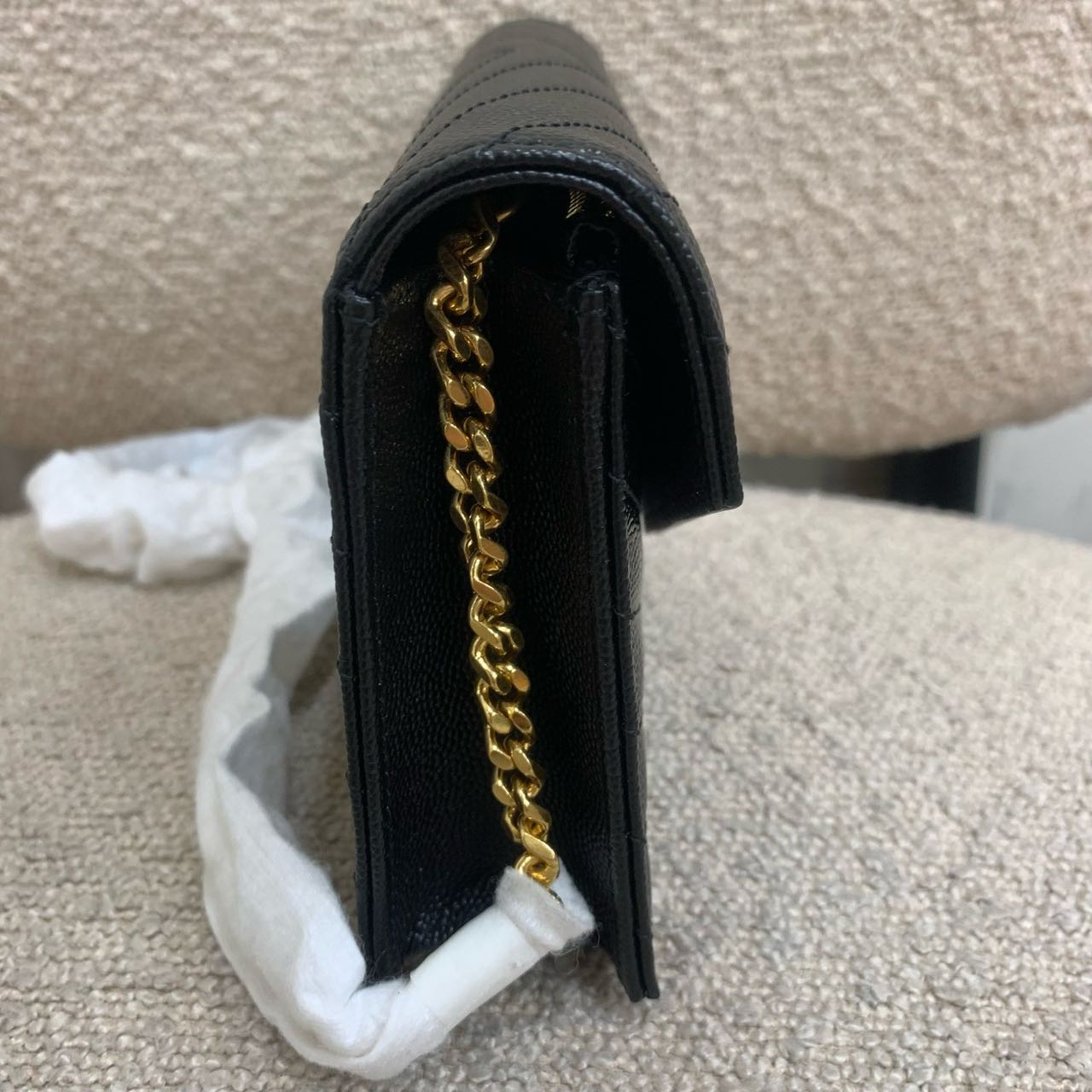 Pre-owned Certified YSL Saint Laurent Cassandre Envelope Chain Wallet in Black Caviar Leather with Golden Hardware, 2025, w/ full set