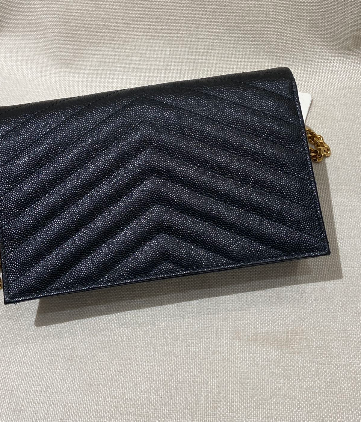 Pre-owned Certified YSL Saint Laurent Cassandre Envelope Chain Wallet in Black Caviar Leather with Golden Hardware, w/ dust bag