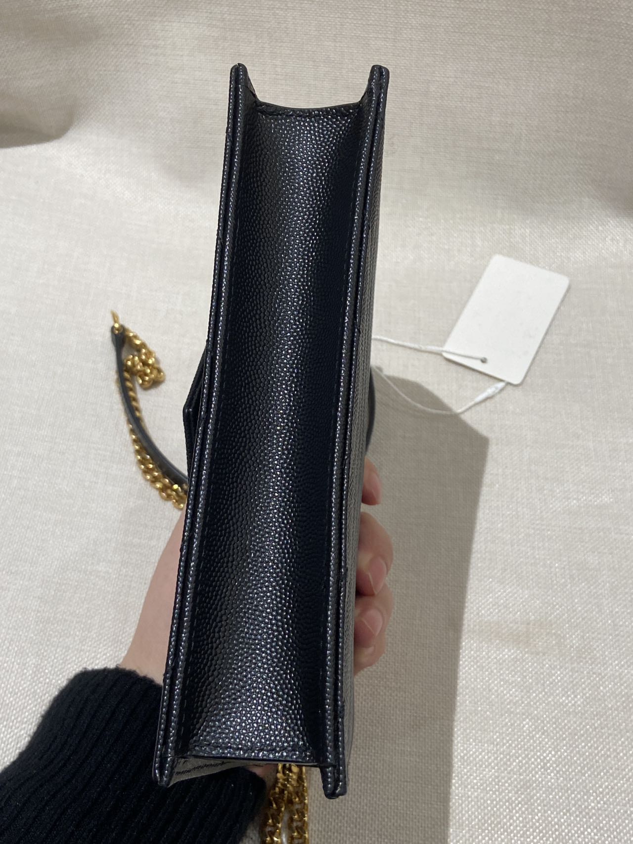 Pre-owned Certified YSL Saint Laurent Cassandre Envelope Chain Wallet in Black Caviar Leather with Golden Hardware, w/ dust bag