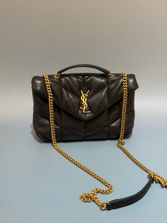 Pre-owned Certified YSL Saint Laurent Mini Puffer in Black Lambskin with Golden Hardware, 2025