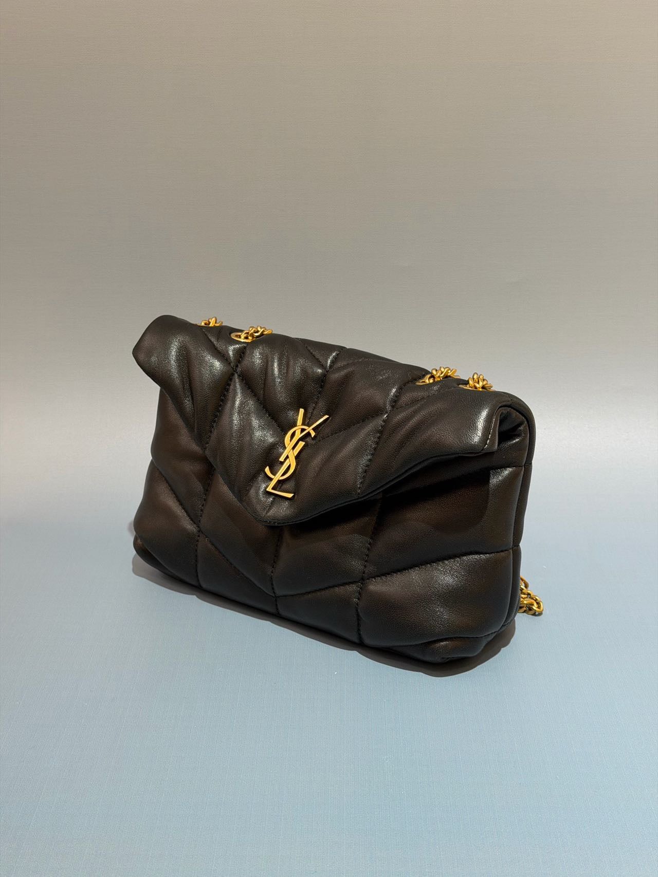 Pre-owned Certified YSL Saint Laurent Mini Puffer in Black Lambskin with Golden Hardware, 2025