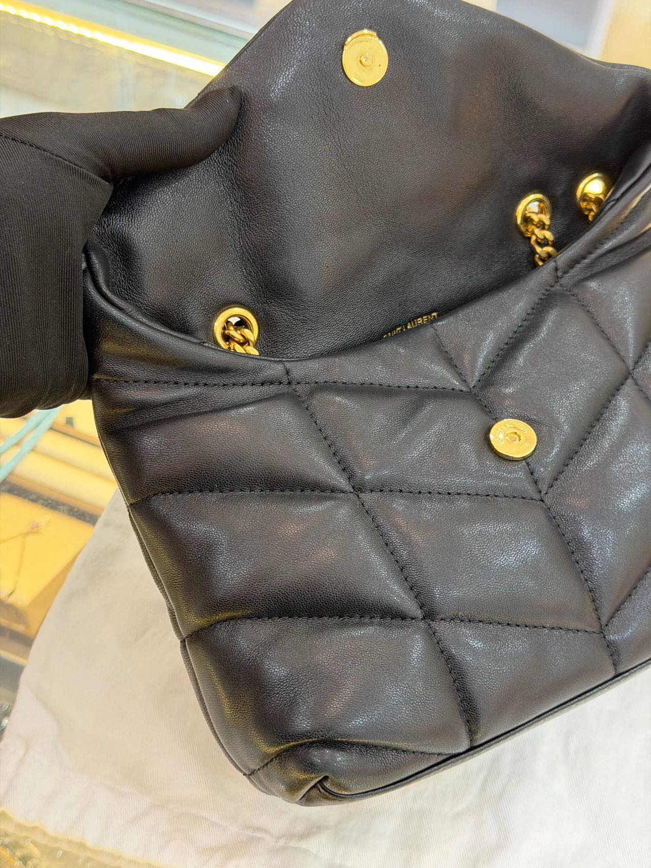 Pre-owned Certified YSL Saint Laurent Mini Puffer in Black Lambskin with Golden Hardware, 2025
