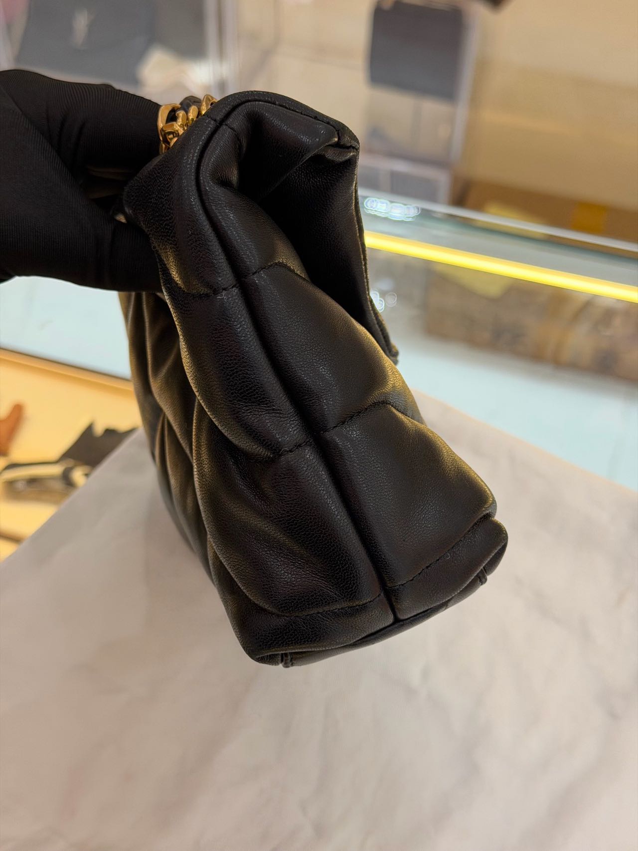 Pre-owned Certified YSL Saint Laurent Mini Puffer in Black Lambskin with Golden Hardware, 2025
