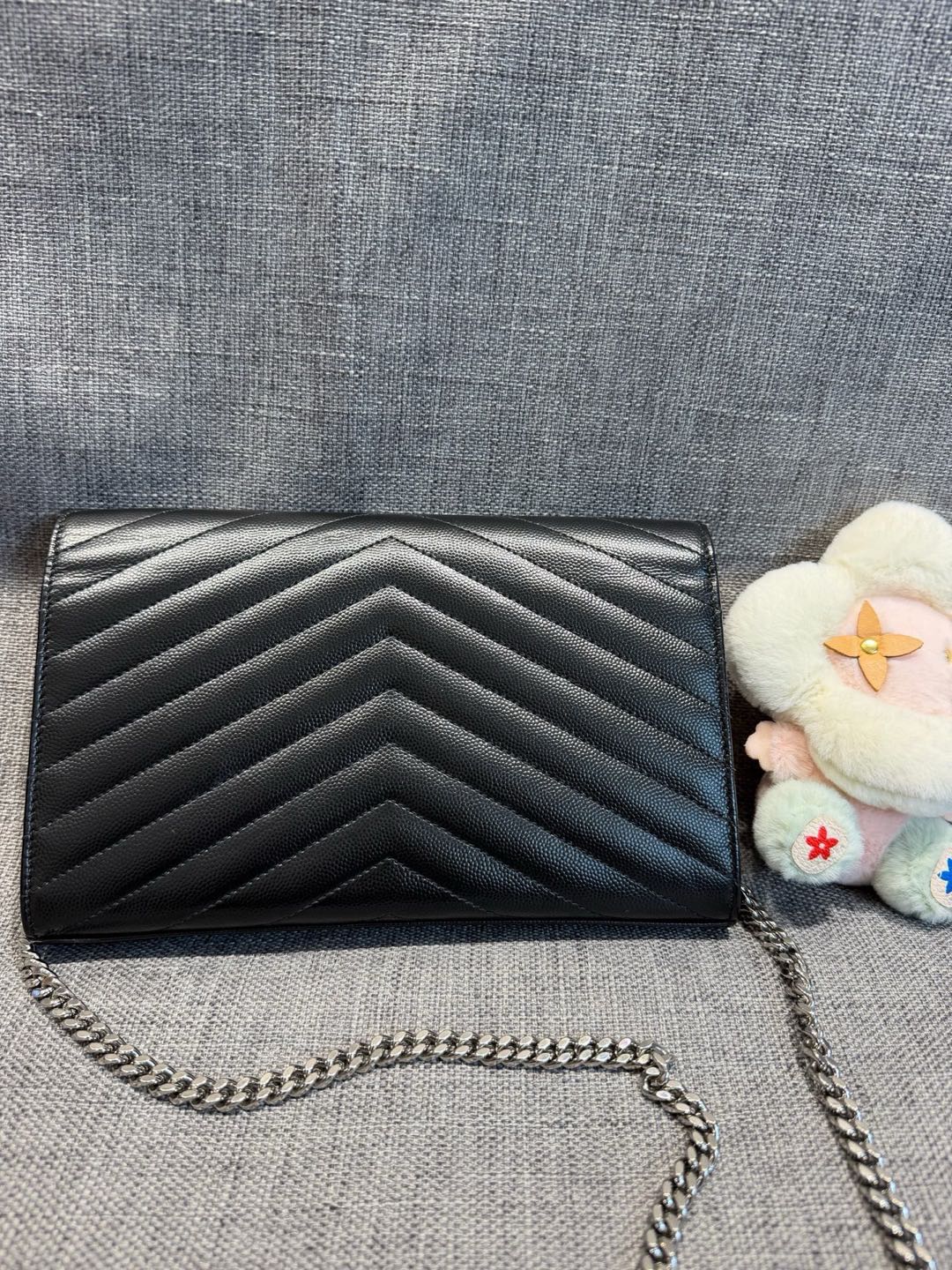 Pre-owned Certified  YSL Saint Laurent Monogram Wallet on Chain in Black Caviar Leather with Silver Hardware, 2021, w/ dust bag