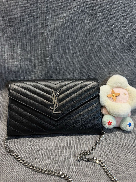 Pre-owned Certified  YSL Saint Laurent Monogram Wallet on Chain in Black Caviar Leather with Silver Hardware, 2021, w/ dust bag