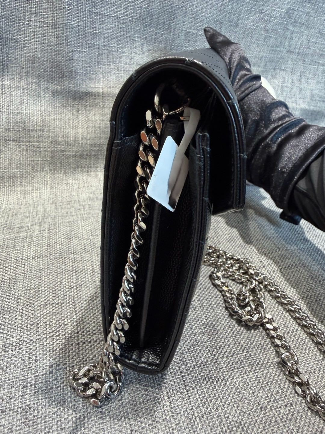 Pre-owned Certified  YSL Saint Laurent Monogram Wallet on Chain in Black Caviar Leather with Silver Hardware, 2021, w/ dust bag