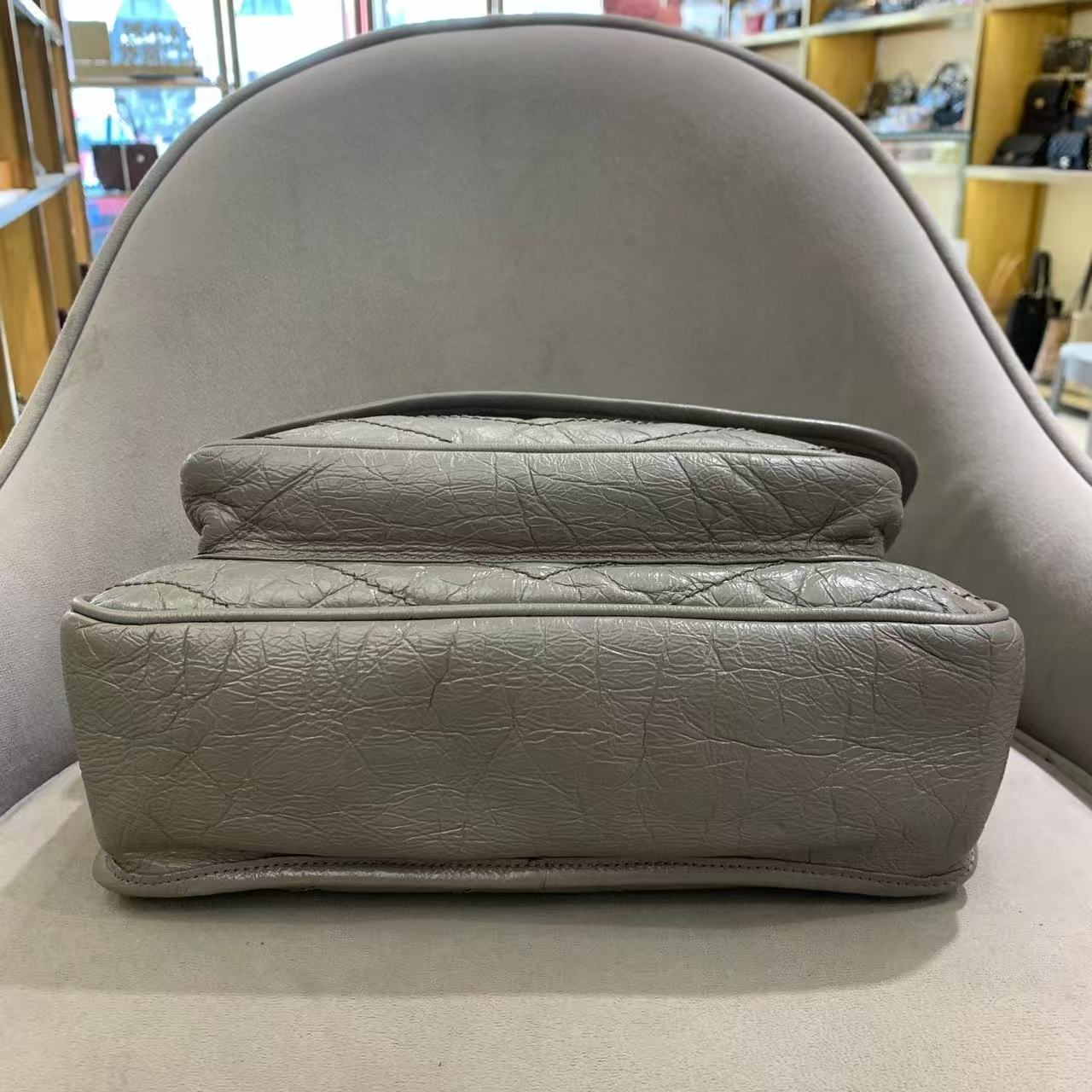 Pre-owned Certified YSL Saint Laurent Niki Medium in Grey Aged Waxy Calfskin with Silver Hardware, w/ dust bag