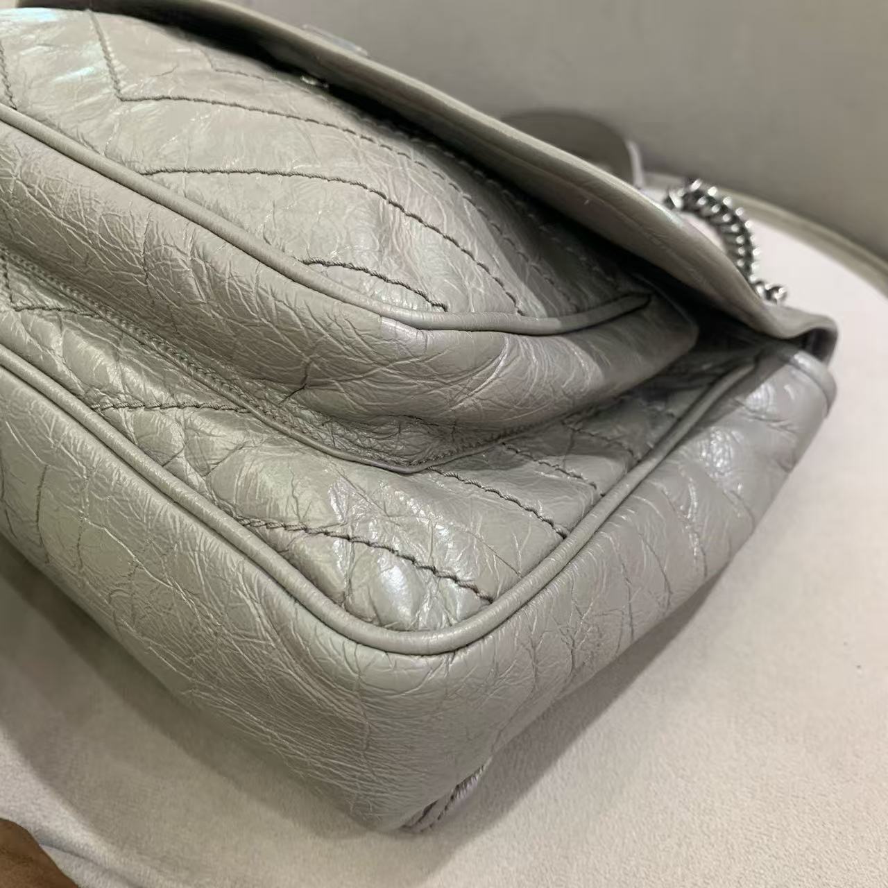 Pre-owned Certified YSL Saint Laurent Niki Medium in Grey Aged Waxy Calfskin with Silver Hardware, w/ dust bag