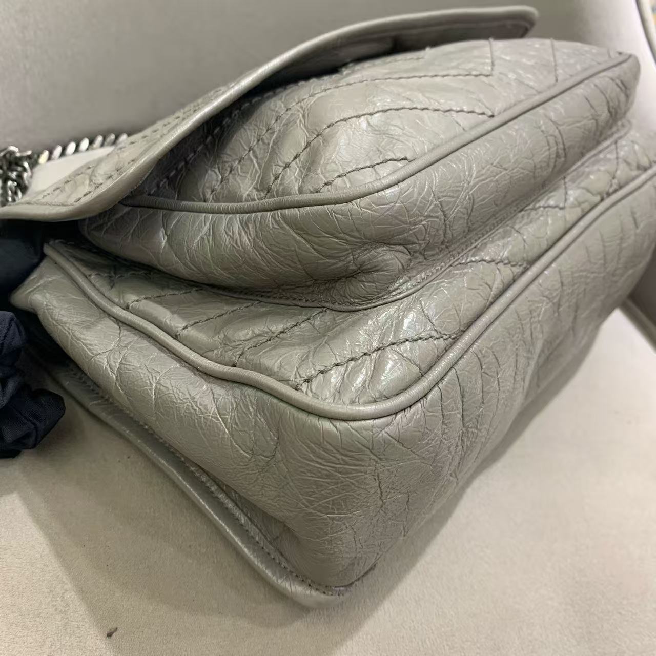 Pre-owned Certified YSL Saint Laurent Niki Medium in Grey Aged Waxy Calfskin with Silver Hardware, w/ dust bag