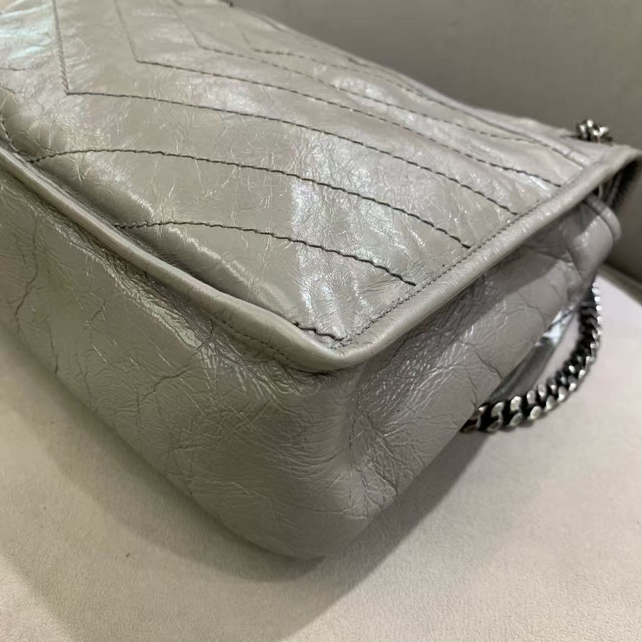Pre-owned Certified YSL Saint Laurent Niki Medium in Grey Aged Waxy Calfskin with Silver Hardware, w/ dust bag