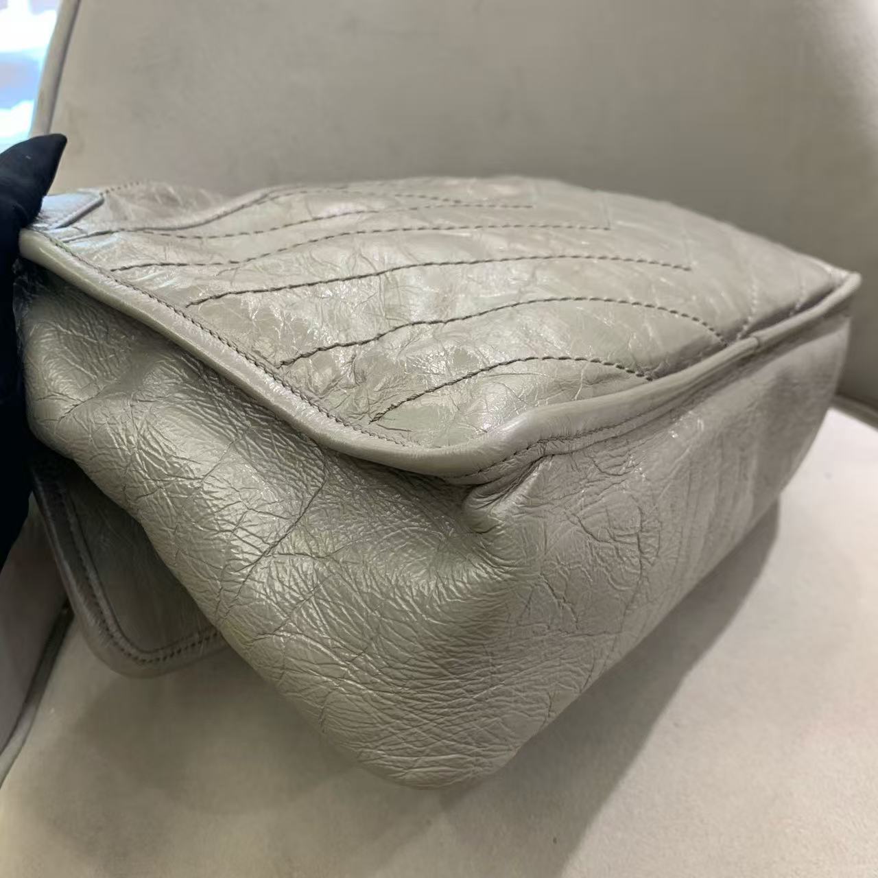 Pre-owned Certified YSL Saint Laurent Niki Medium in Grey Aged Waxy Calfskin with Silver Hardware, w/ dust bag