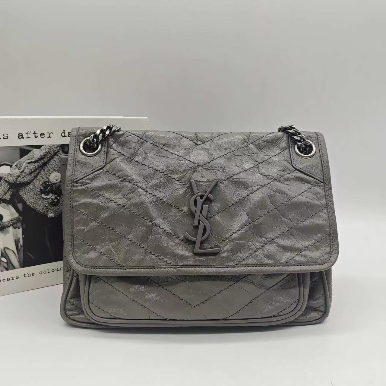 Pre-owned Certified YSL Saint Laurent Niki Medium in Grey Aged Waxy Calfskin with Silver Hardware, w/ dust bag