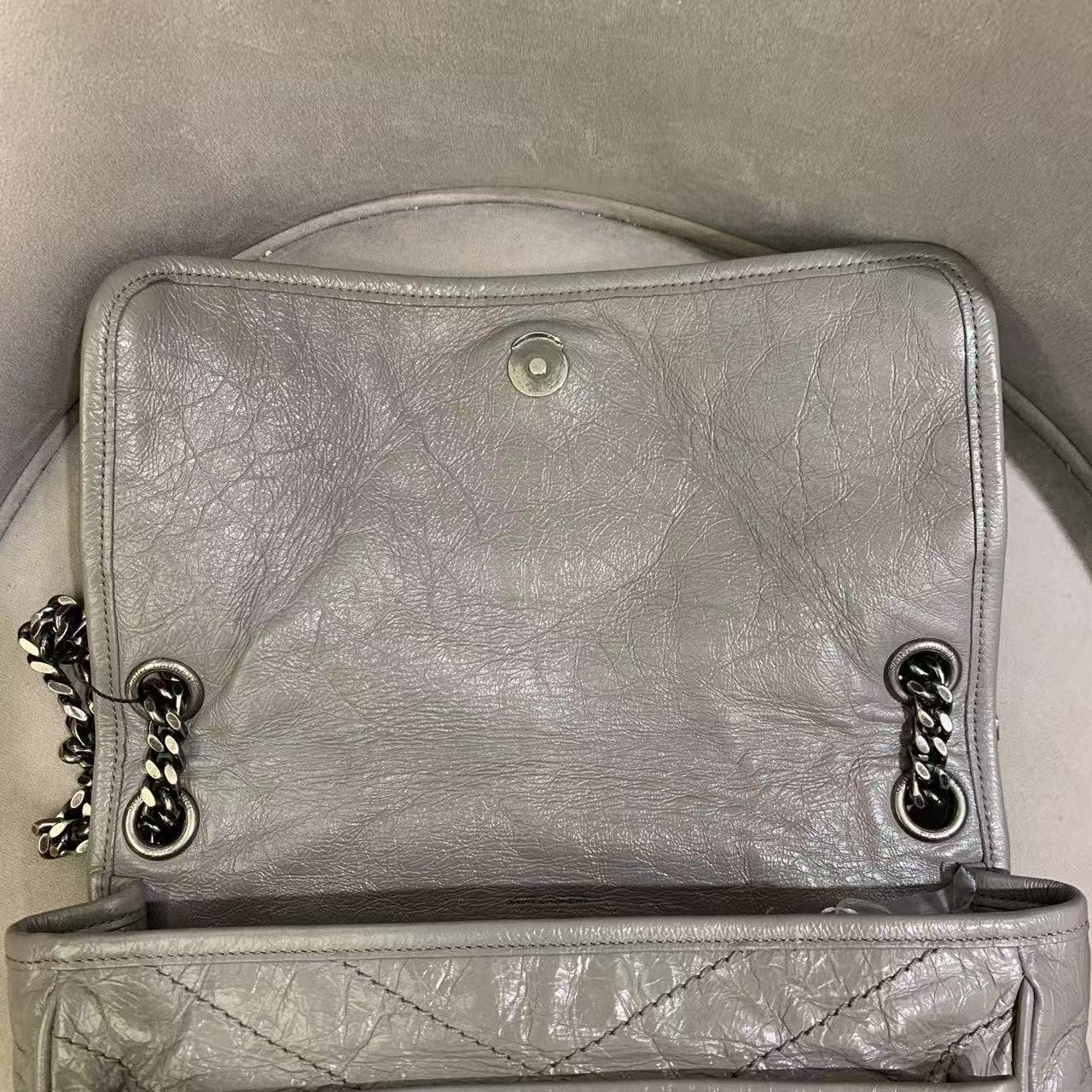 Pre-owned Certified YSL Saint Laurent Niki Medium in Grey Aged Waxy Calfskin with Silver Hardware, w/ dust bag