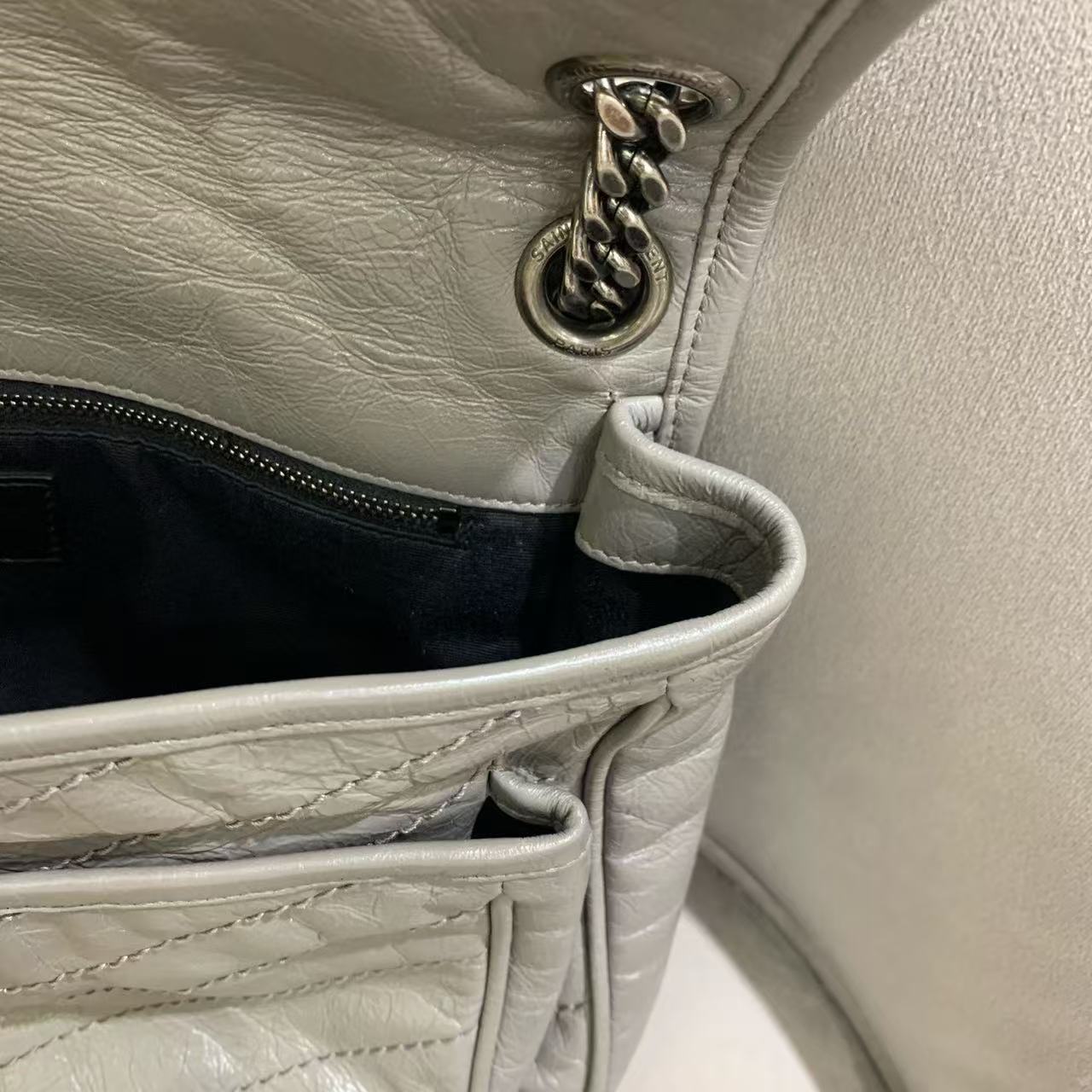 Pre-owned Certified YSL Saint Laurent Niki Medium in Grey Aged Waxy Calfskin with Silver Hardware, w/ dust bag