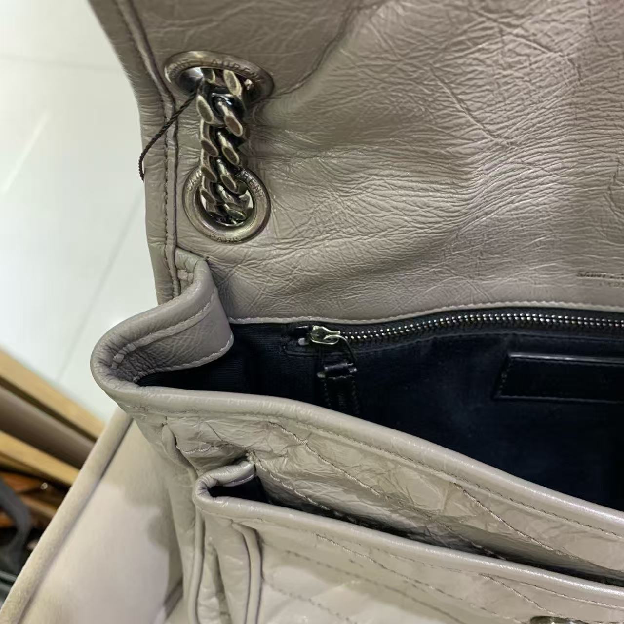 Pre-owned Certified YSL Saint Laurent Niki Medium in Grey Aged Waxy Calfskin with Silver Hardware, w/ dust bag