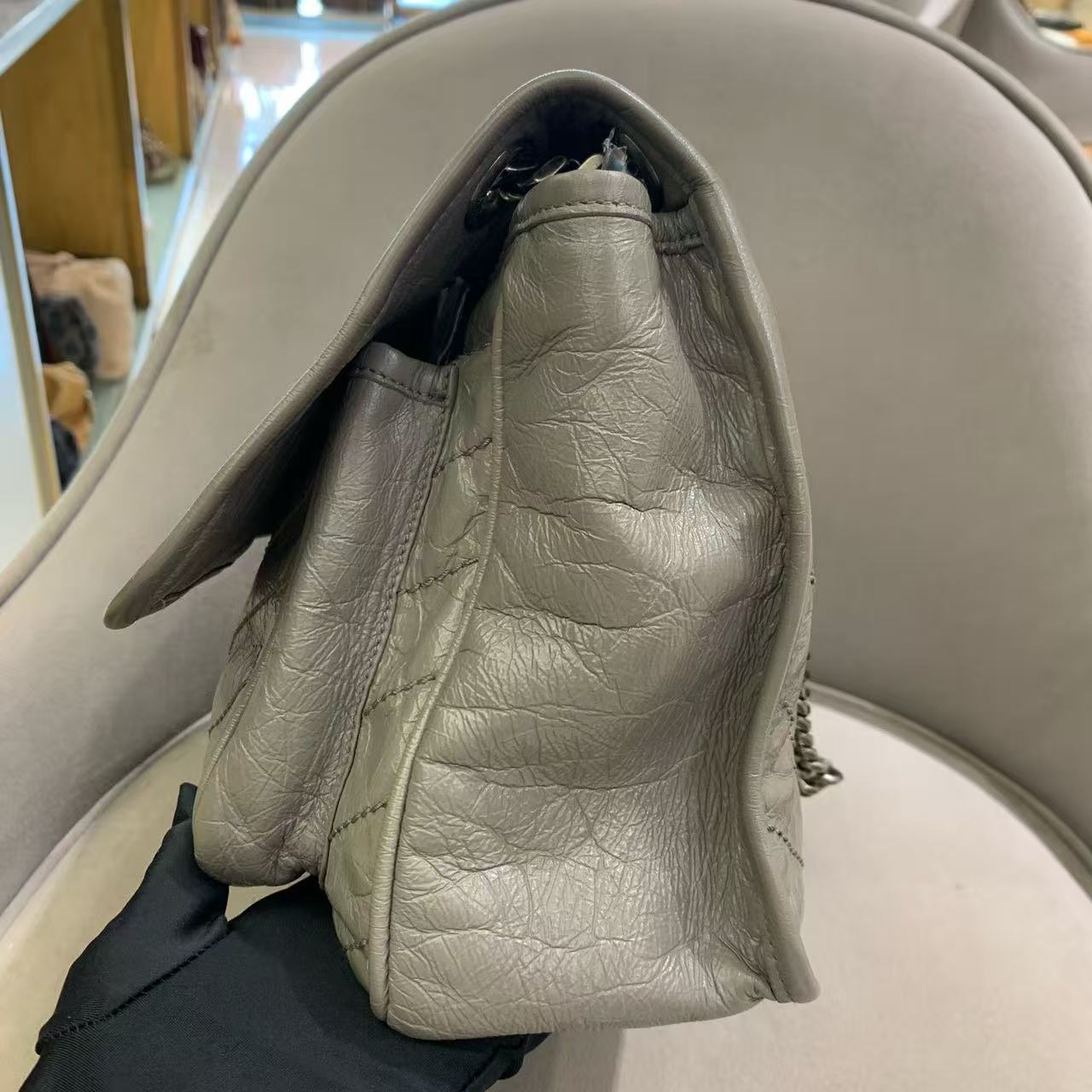 Pre-owned Certified YSL Saint Laurent Niki Medium in Grey Aged Waxy Calfskin with Silver Hardware, w/ dust bag