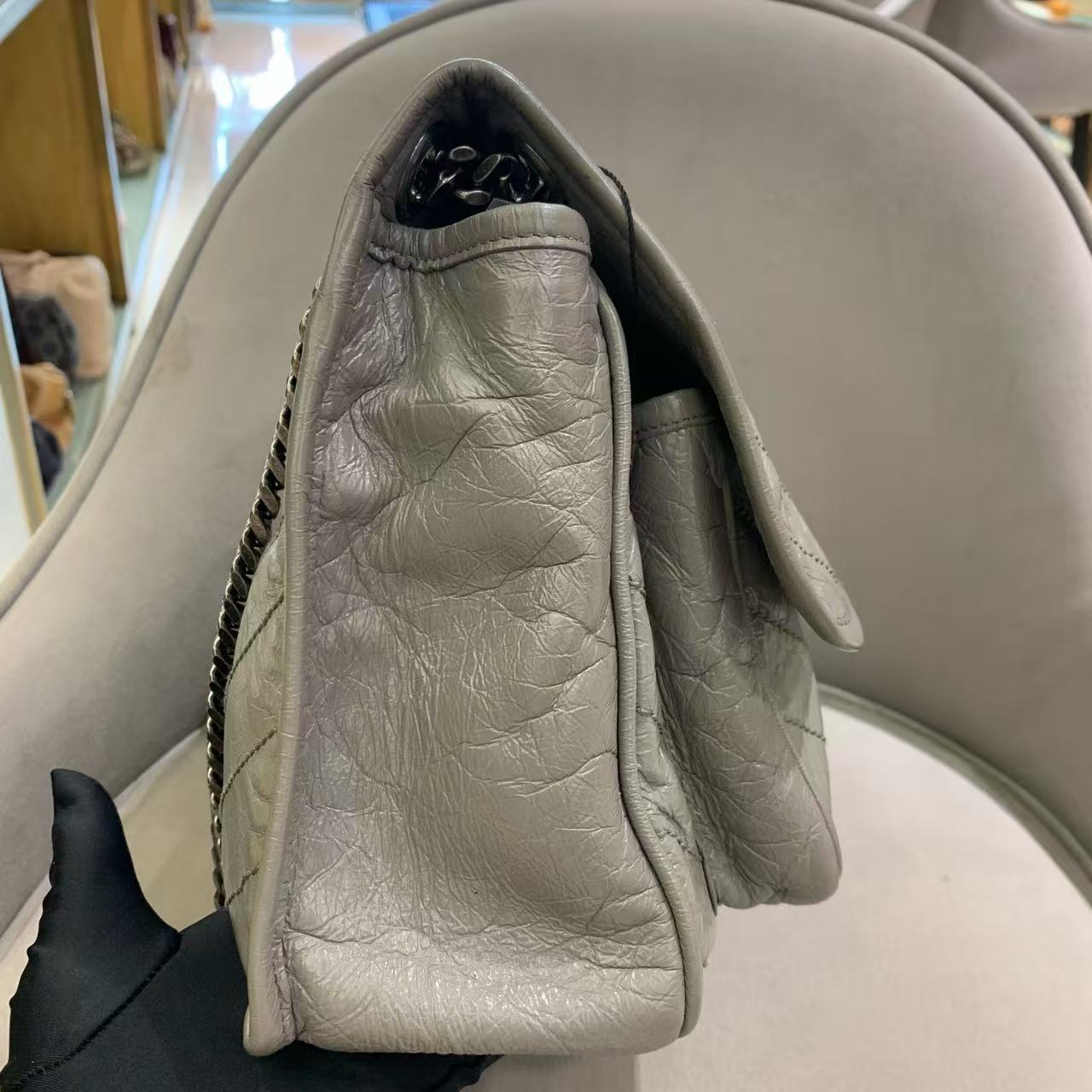 Pre-owned Certified YSL Saint Laurent Niki Medium in Grey Aged Waxy Calfskin with Silver Hardware, w/ dust bag