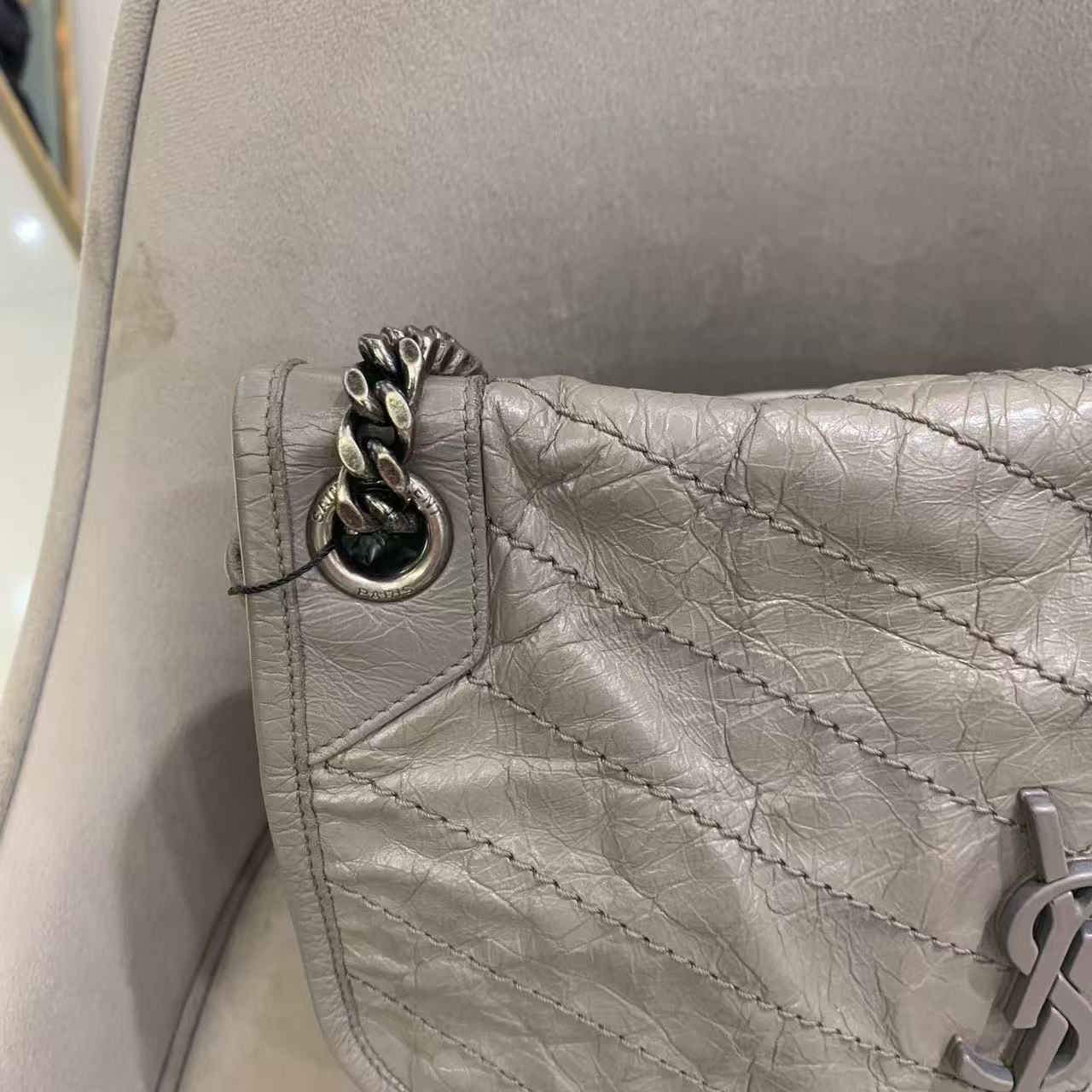 Pre-owned Certified YSL Saint Laurent Niki Medium in Grey Aged Waxy Calfskin with Silver Hardware, w/ dust bag