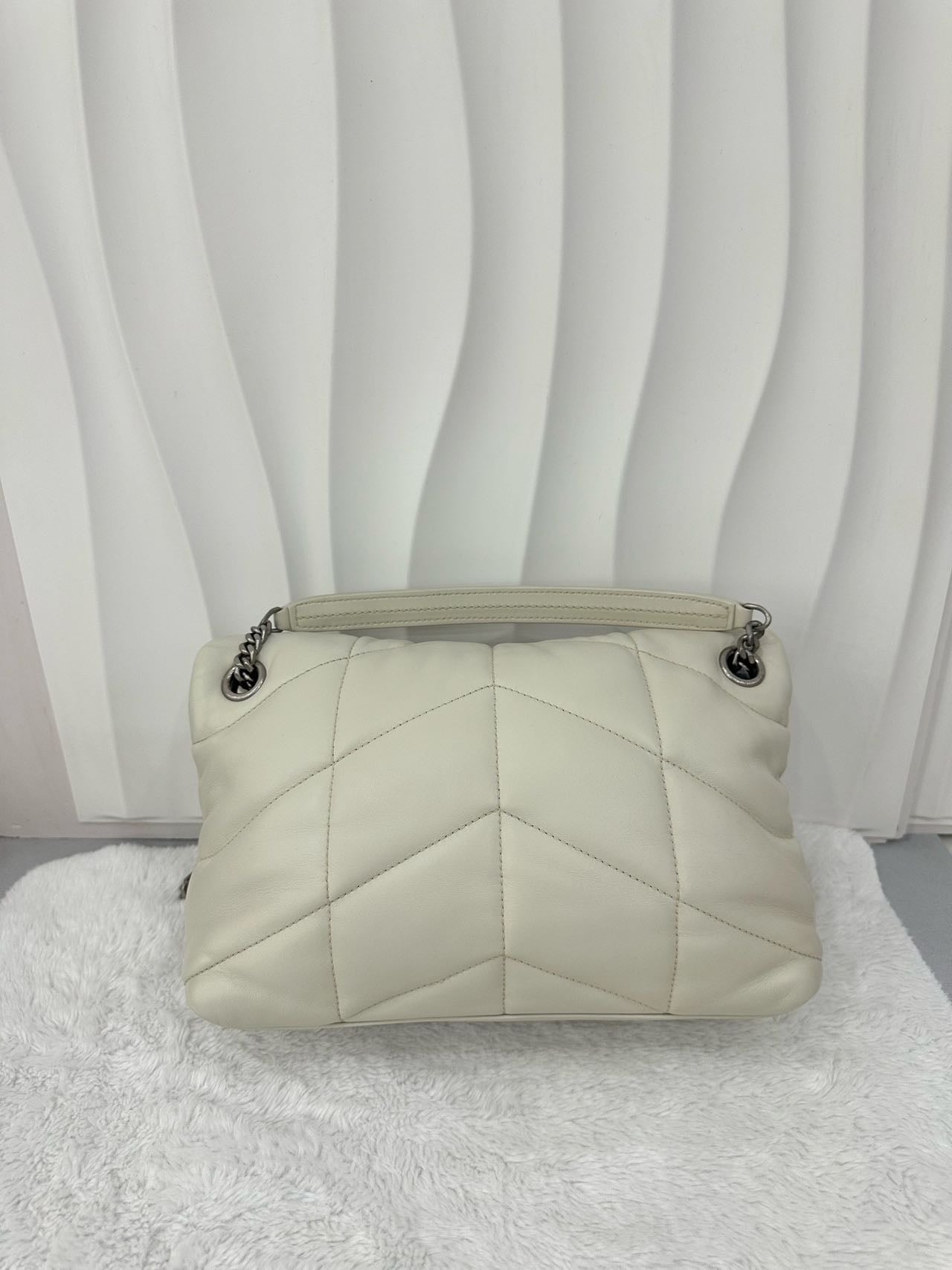 Pre-owned Certified YSL Saint Laurent Small Puffer in White Lambskin with Silver Hardware, w/ dust bag